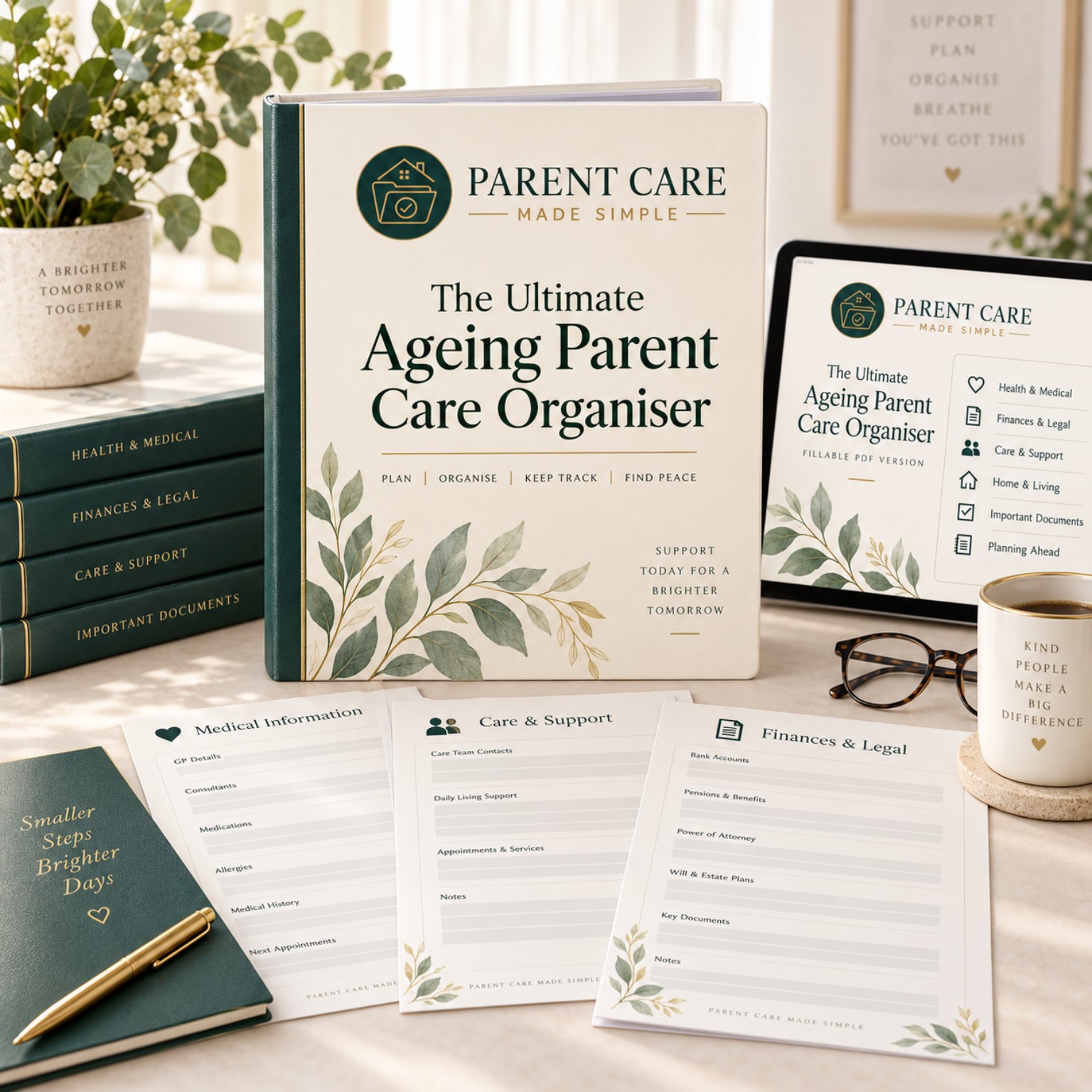 The Ultimate Ageing Parent Care Organiser shown on a desk with a tablet and printed pages