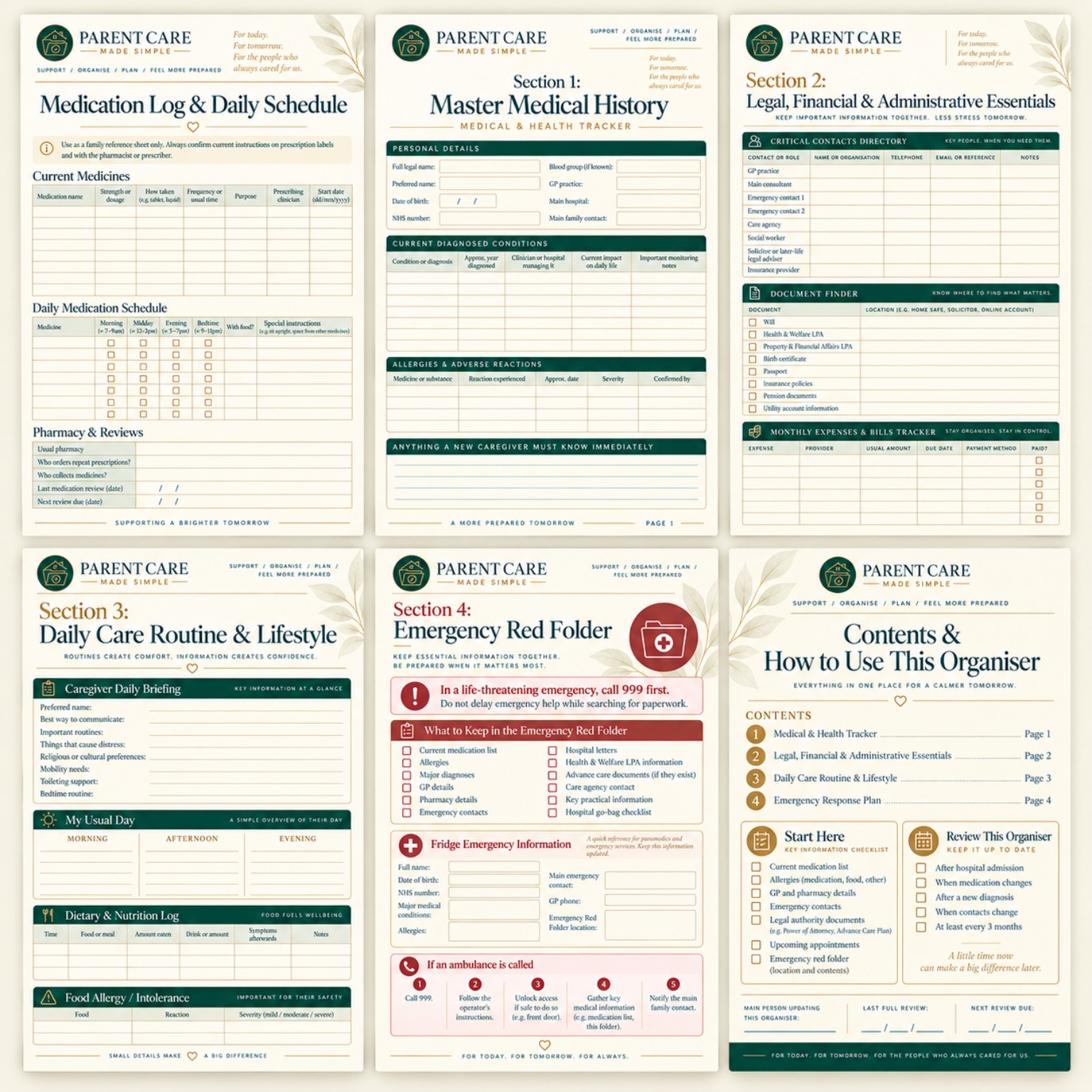 Preview of organiser pages including medical, legal, daily care, emergency and contents sections